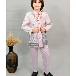 BT DEZINES Satin Woven Solid Sherwani Trouser With Full Sleeves Floral Embroidered Jacket & Necklace Set - Lilac-picture-19