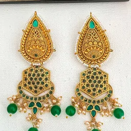 Zeviel Gold-Plated Stones Studded & Pearls Beaded Temple Contemporary Drop Earrings image 5