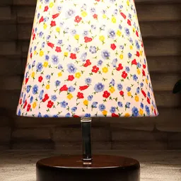 Devansh Cotton Round Brown Wood Table Lamp - Multicolor image 3