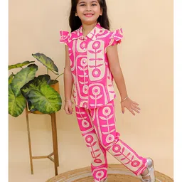 AJ Dezines Cotton Woven Frill Sleeves Floral Printed Top & Coordinating Pant Set - Pink image 4