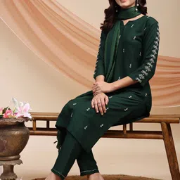 ARADHNA Women Ethnic Motifs Embroidered Regular Thread Work Kurti with Trousers & With Dupatta-picture-36