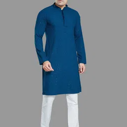 PulseIQ Embroidered Thread Work Mandarin Collar Long Sleeves Cotton Kurta-picture-17
