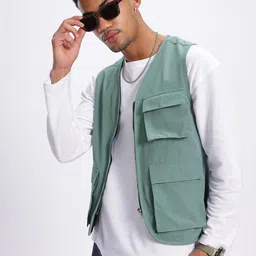 glitchez Flappy Pockets Collarless Fitted Gilet Jacket-image-4