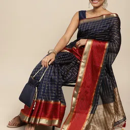 MIMOSA Navy Blue & Red Checked Saree image 2