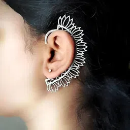 Sangria Silver Plated Lotus Shape Oxidised Ear Cuff image 2