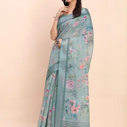KALINI Floral Zari Linen Blend Designer Block Print Saree image 5