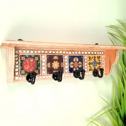 apka mart Brown & Black Printed Wooden Shelf With Wall Hooks Key Holder image 2