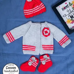 COCOON ORGANICS Full Sleeves Handcrafted Floral Applique Shrug With Stripes Cap And Socks - Grey image 1