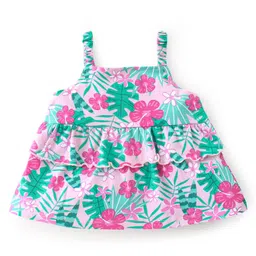 Babyhug 100% Cotton Knit Sleeveless Top With Frill Detailing & Tropical Print - Pink-picture-13