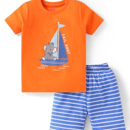 Babyhug Cotton Single Jersey Knit Half Sleeves Night Suit Elephant Print - Orange & Blue-picture-3