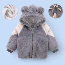 Kookie Kids Full Raglan Sleeves Hooded Winter Fur Jacket with Ears & Teddy Bear Applique - Grey-image-31