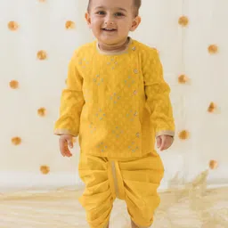 Tiber Taber Full Sleeves Floral Foil Embroidered & Lace Embellished Kurta Dhoti Set - Yellow-image-37