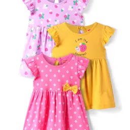 Babyhug Sinker Knit Frill Sleeves Frocks with Floral Print & Bow Applique Pack of 3 - Pink & Yellow-picture-13