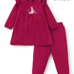 Babyoye Cotton Knit Full Raglan Sleeves Pullover Sweater Set with Bunny Patch Applique & Frill Detailing - Maroon-picture-27