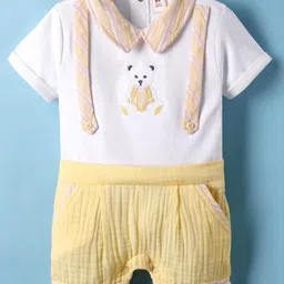ToffyHouse Knitted Woven Half Sleeves Romper With Bear Embriodery - Golden image 1