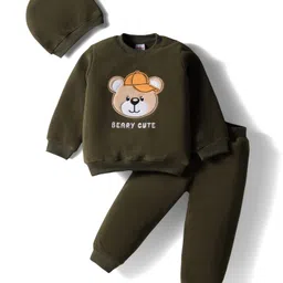 Babyhug Velour Knit Full Sleeves Winter Wear T-shirt & Lounge Pant Set with Cap & Bear Patch Embroidery - Dark Green-picture-19