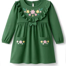 Babyhug Cotton Knit Full Sleeves Frock With Bow & Floral Applique - Green-picture-29