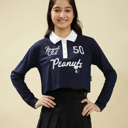 Lil Tomatoes Cotton Knit Full Sleeves Peanuts Featuring Snoopy & Peanuts Text Printed Crop Top - Navy-picture-17