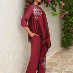 AUTUMN LANE Sharanya Merlot Embroidery Pure Cotton Tunic With Trousers Co-Ords image 2