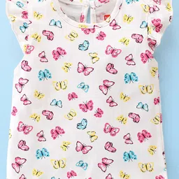 Babyhug Cotton Knit Frill Sleeves Top With Butterfly & Text Print Pack Of 3 - White Pink & Blue image 2