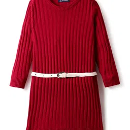 Pine Kids Knitted Full Sleeves Solid Ribbed Woollen Dress With Belt & Scarf - Red image 2