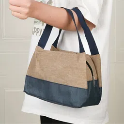 SYGA Women Stylish Contrast Color Shoulder Bag Soft Zip Tote with Dual Strap Design - Khaki image 2