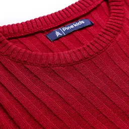 Pine Kids Knitted Full Sleeves Solid Ribbed Woollen Dress With Belt & Scarf - Red image 5