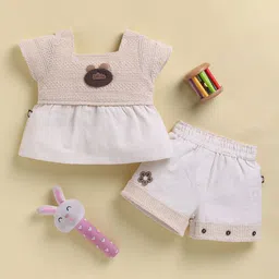 KIDZELLO Girls Self Design Square Neck Pure Cotton Top With Shorts-picture-21