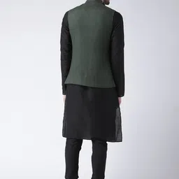 KISAH Men Black & Green Solid Banarasi Kurta with Churidar & Nehru Jacket image 4