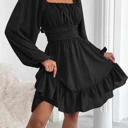 VERMA CREATION Women Solid Gathered or Pleated Puff Sleeve Fit & Flare Above Knee Dress-picture-19