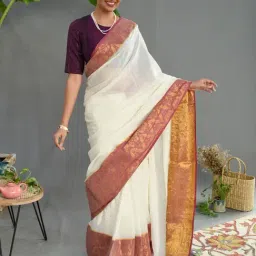 Suta White & Red Cotton Woven Saree Without Blouse-image-24