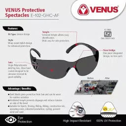 Venus E-102 GHC-AF ISI Certified Safety Goggles with Dark Lens and UV Protection, 120112801 (Pack of 4) image 2