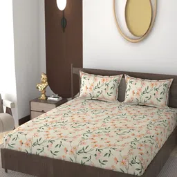 VOMZER Beige & Green Printed Cotton 210 TC Queen Bedsheet Set- 1.98 m x 1.53 m-picture-15