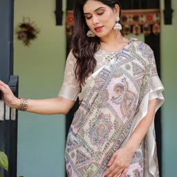 ALMAARI FASHION Ethnic Motifs Printed Pure Linen Banarasi Saree image 2