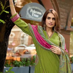 MITTOO Women Ethnic Motifs Embroidered Regular Thread Work Chanderi Silk Kurta with Palazzos & With Dupatta image 5