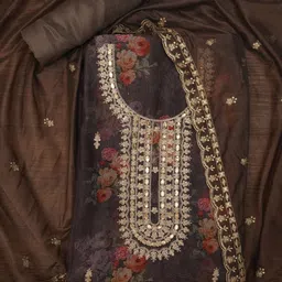 Desi Fusion Floral Embroidered Thread Work Organza Unstitched Dress Material-image-27