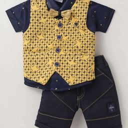Dapper Dudes Half Sleeves Triangles Printed Shirt With Birds Printed Waistcoat & Shorts Set - Yellow-picture-24