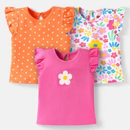 Babyhug Cotton Knit Frill Sleeves T-Shirts with Polka Dots & Floral Print Pack of 3 - Orange & Pink-picture-18