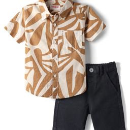 Babyhug Cotton Woven Half Sleeves Shirts and Shorts Set With Abstract Print - Tan & Black-picture-1