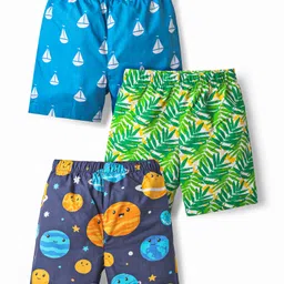 Babyhug Cotton Woven Above Knee Length Boxer With Tropical Nautical & Solar System Print Pack Of 3 - Blue Green & Navy Blue-image-91