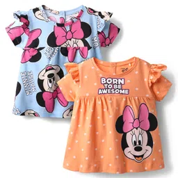 Babyhug Disney Single Jersey Knit Half Sleeves Frock Style T-Shirts with Minnie Mouse Graphics Pack of 2 - Light Blue & Orange-picture-26