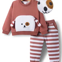 Mark & Mia Fleece Knit Full Sleeve Oversize Winter Wear T-Shirt & Joggers Set with Stripes Pocket Applique & Ear Detailing - Rose Gold-picture-24