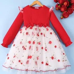 Mark & Mia Full Sleeves Party Dress With Floral Embroidery & Bow Applique - Red & White-picture-28