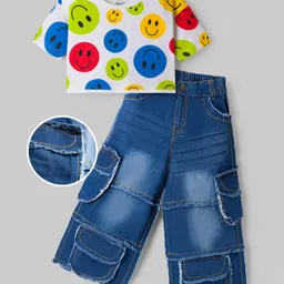 OLLINGTON ST. Cotton Knit Half Sleeves Smiley Print Top & Baggy Denim Pant - White & Blue-picture-27