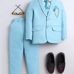 BT DEZINES Cotton Blend Woven Full Sleeves Solid 4 Piece Party Suit Set With Tie - Sky Blue-picture-38