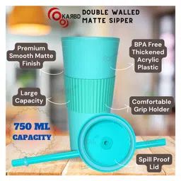 KARBD Double Walled Plastic Acrylic Matte Finish Straw Sipper Tumbler With Lid  Aqua Green - 750 ml image 2