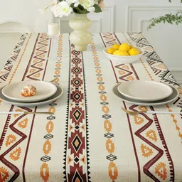 Cortina White & Brown Geometric Printed Waterproof Cotton Rectangle 6-Seater Table Cover image 3