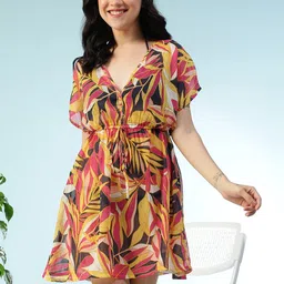 Oxolloxo Tropical Printed V-Neck Swimwear Cover-Up Top-picture-19