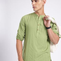 Anouk Rustic Band Collar Vertical Striped Roll-Up Sleeves Kurta-picture-16