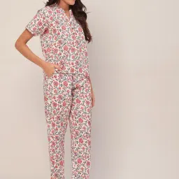 Moomaya White Cotton Floral Print Top With Pyjamas image 3